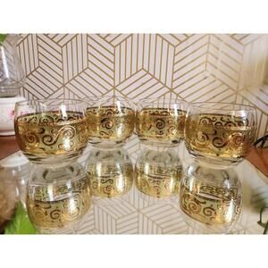 Vintage Culver Toledo Gold Roly Poly Lowball Barware Glasses 22kt Set Of 4 MCM